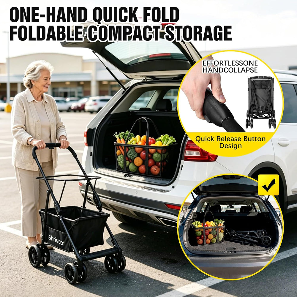 2 Tier Folding Shopping Cart with Removable Mesh Basket, Black