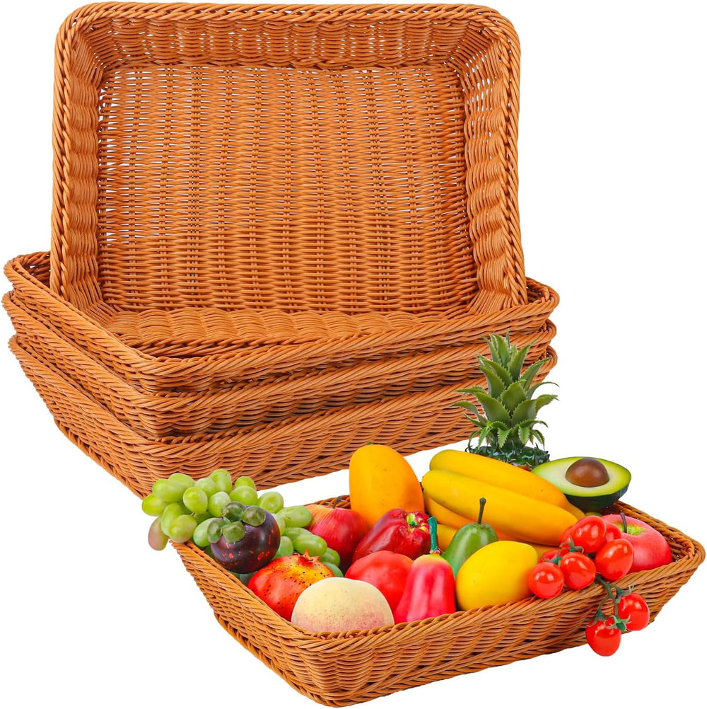 5 Pack 16 Inch Brown Wicker Bread Basket, Handmade Woven Organizer, Rectangul...