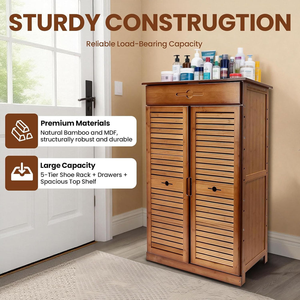 5 Tier Shoe Cabinet with Drawer, Bamboo Shoe Cabinet Organizer with Door, Ret...