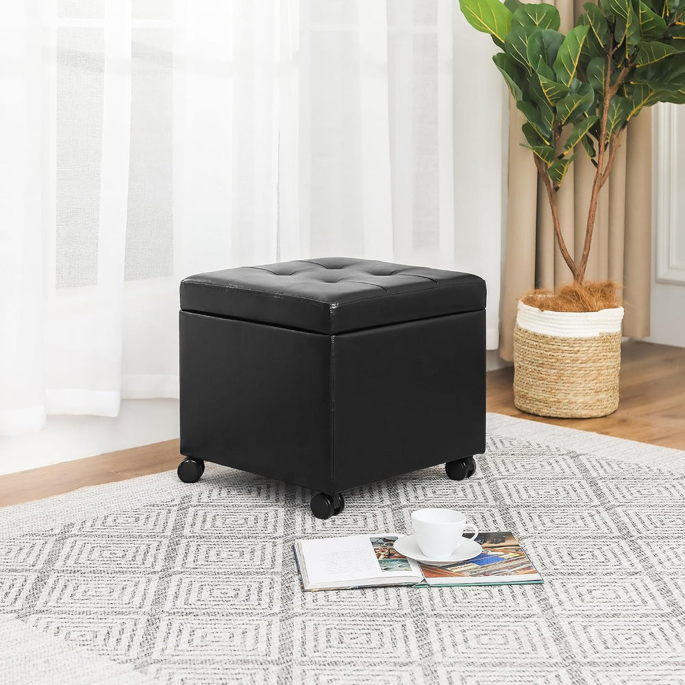 Homebeez 18" Square Storage Ottoman with Wheels, Tufted Faux Leather Cube