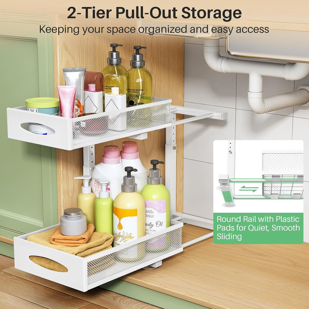 Under Sink Organizer, 2 Pack 2 Tier Pull out Cabinet Organizer Baskets with M...