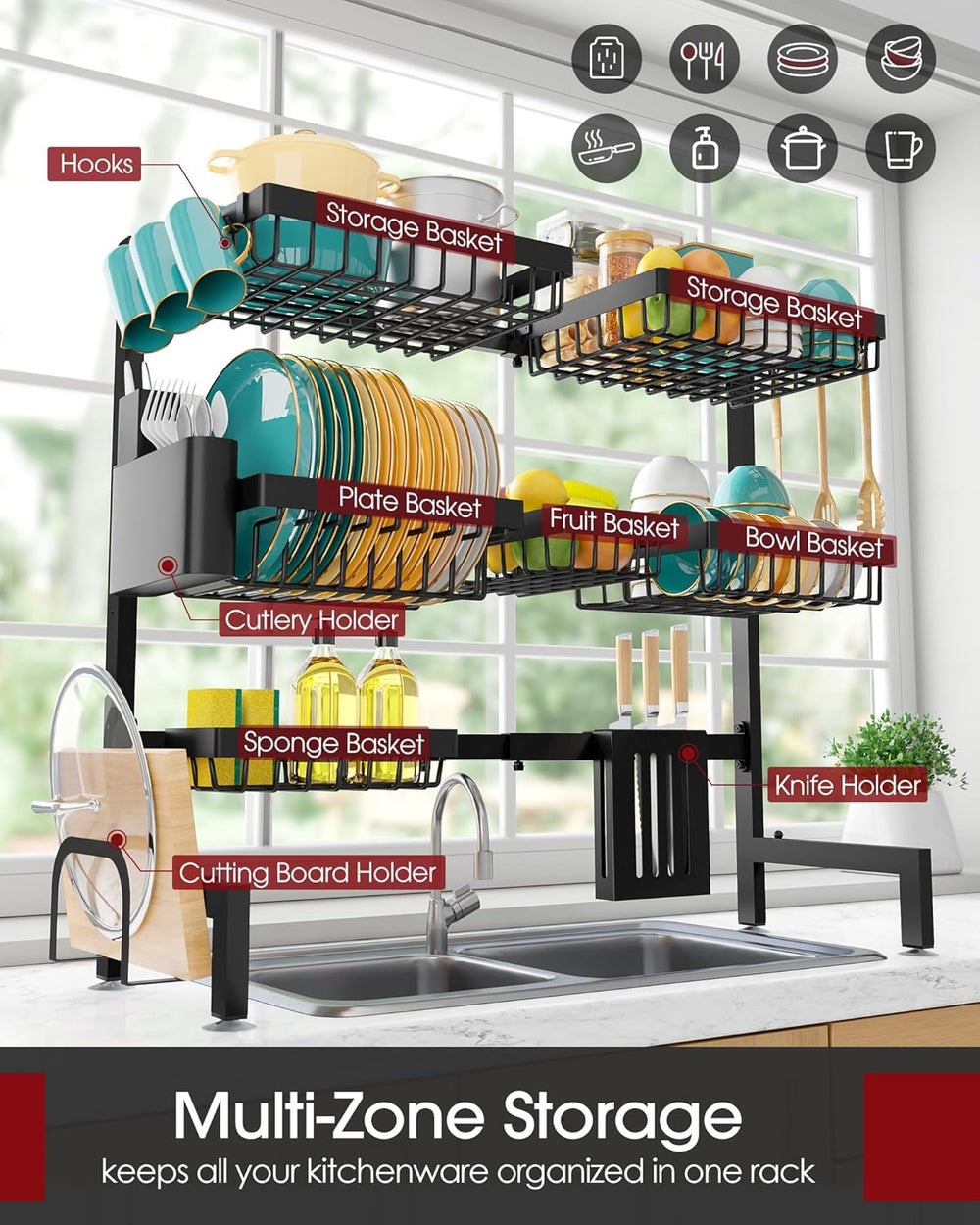 Sakugi Over The Sink Dish Drying Rack - Adjustable 3 Tier XX-Large Capacity S...