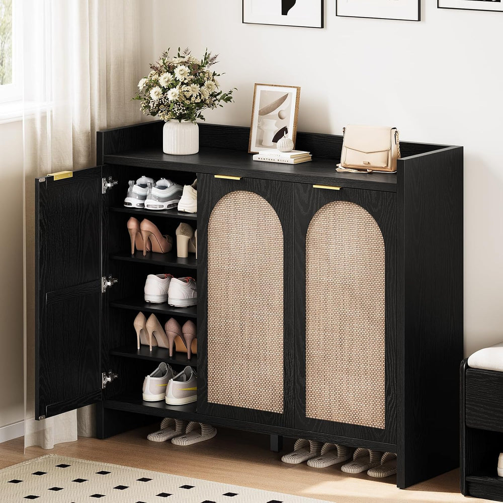 Shoe Cabinet Storage for Entryway - Rattan Accent Cabinet with 3 Doors & ...