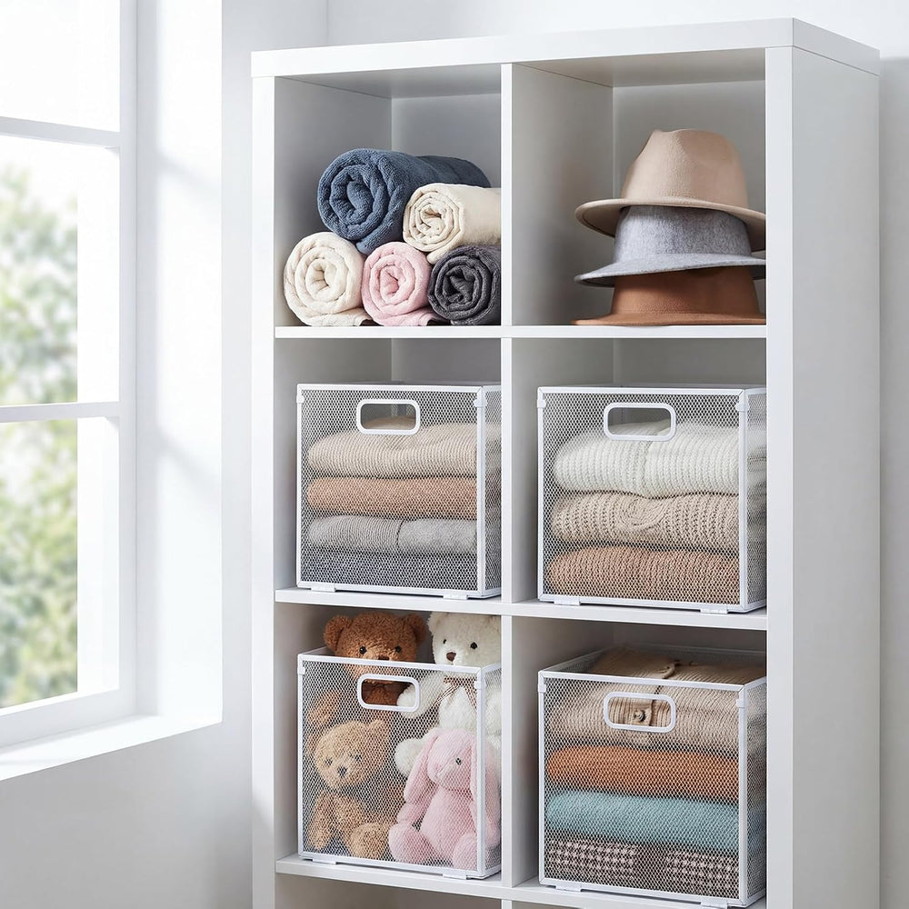 4 Pcs Foldable Metal Cube Storage Bins 11 x 11 Inch, White