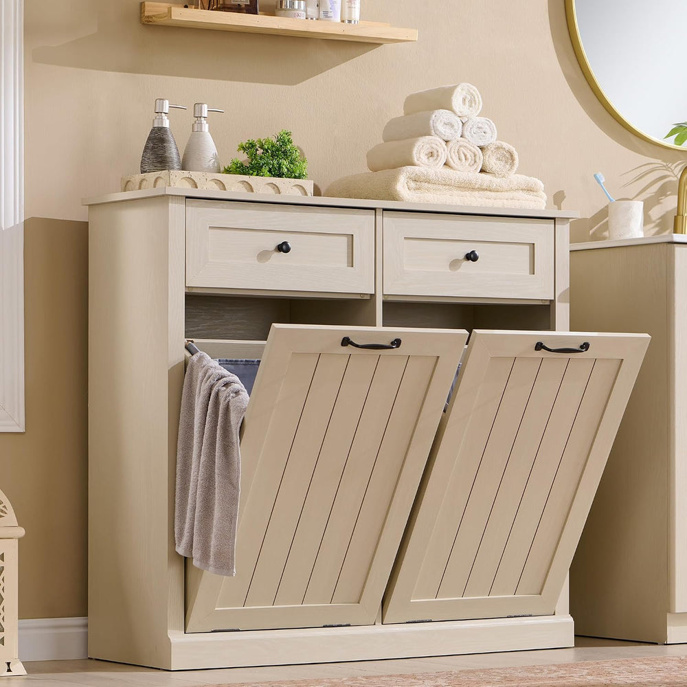 IFBUY Double Tilt Out Laundry Hamper Cabinet, Trash Cabinet, Cream