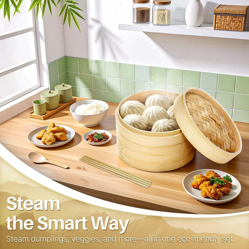 Flexzion Bamboo Steamer Basket Set (8 inch), 50 x Steamer Liners and 2 Pairs ...