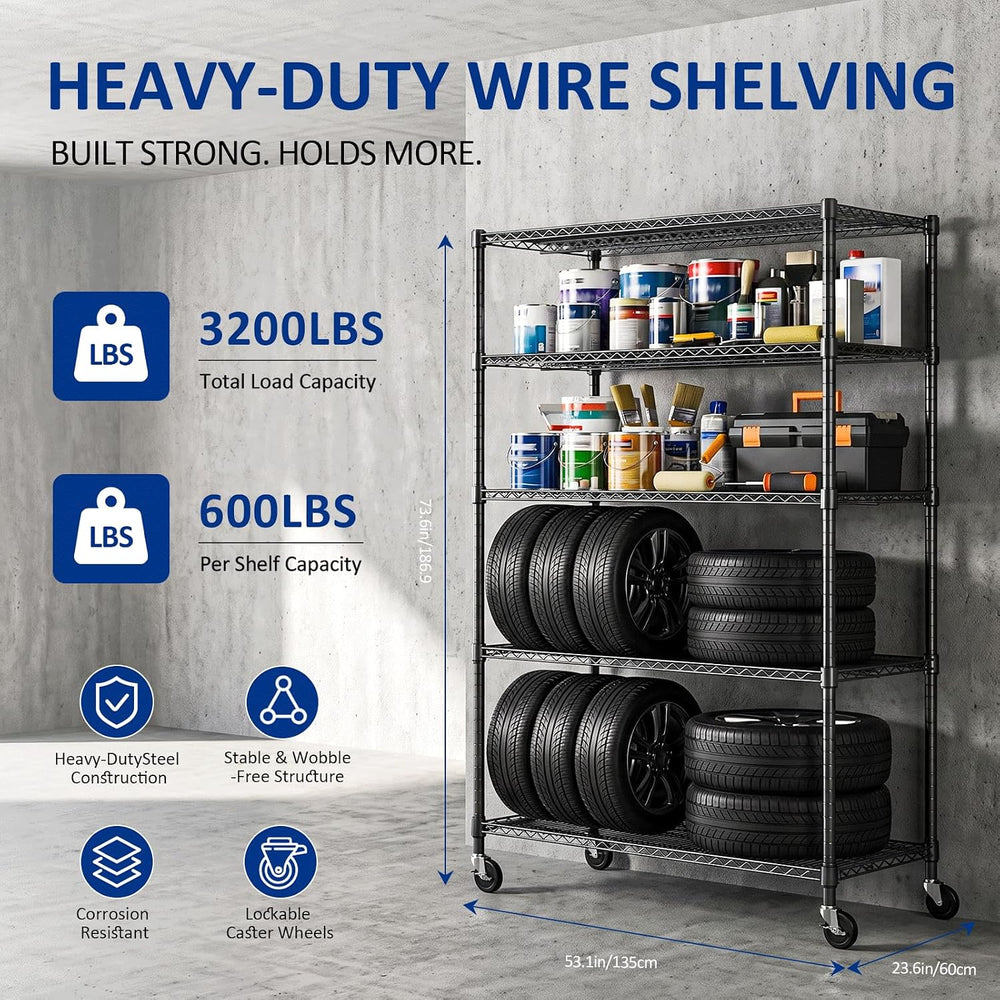 IZEUK Heavy-Duty 24" Depth Black Metal Wire Pantry Shelves for Storage