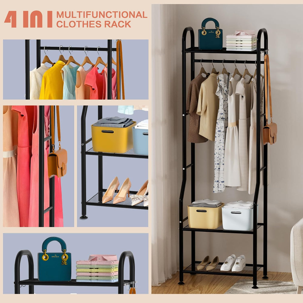 GloTika Narrow Clothes Rack with 3 Metal Shelves, 72" Tall, Black