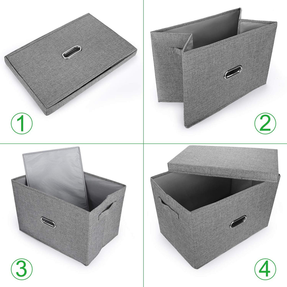 Large Linen Fabric Foldable Storage Bins with Removable Lid and Handles, Wash...