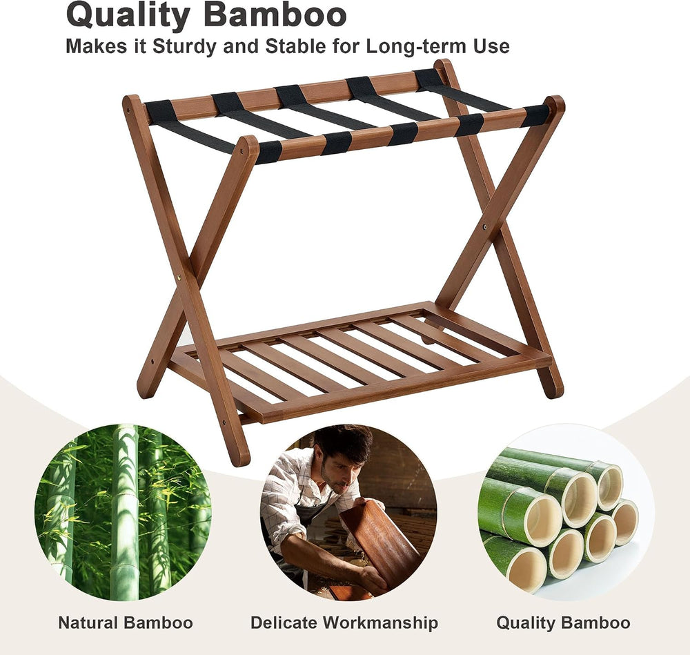 Fully Assembled Walnut Luggage Racks Set of 2, Bamboo Luggage Stand