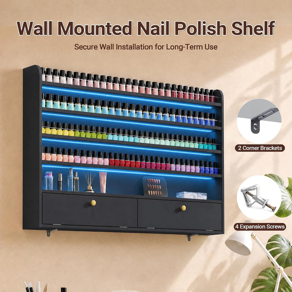 Wood Nail Polish Rack with Cabinet, 5-Tier Nail Polish Display Shelf, Black