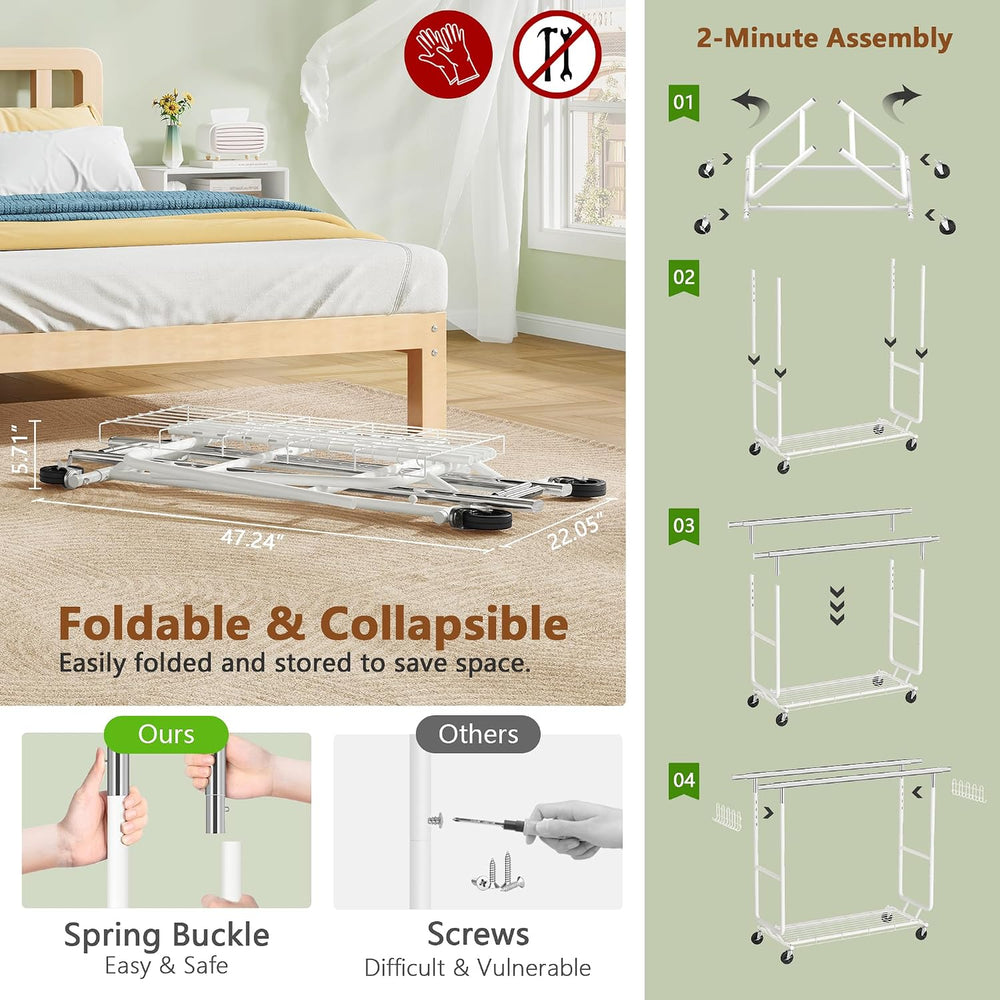 Hoctieon 2-Minute Assembly Double Rod Clothes Rack, Heavy Duty Rolling Clothi...