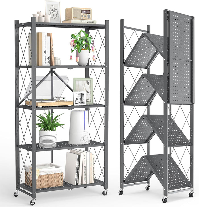 Fenbeli Foldable Shelves with Wheels - 5 Tier Folding Shelf, Collapsible No Assembly Metal Shelving Unit, Origami Storage Shelves & Rolling Storage Rack with 8 Hooks for Kitchen Pantry Garage