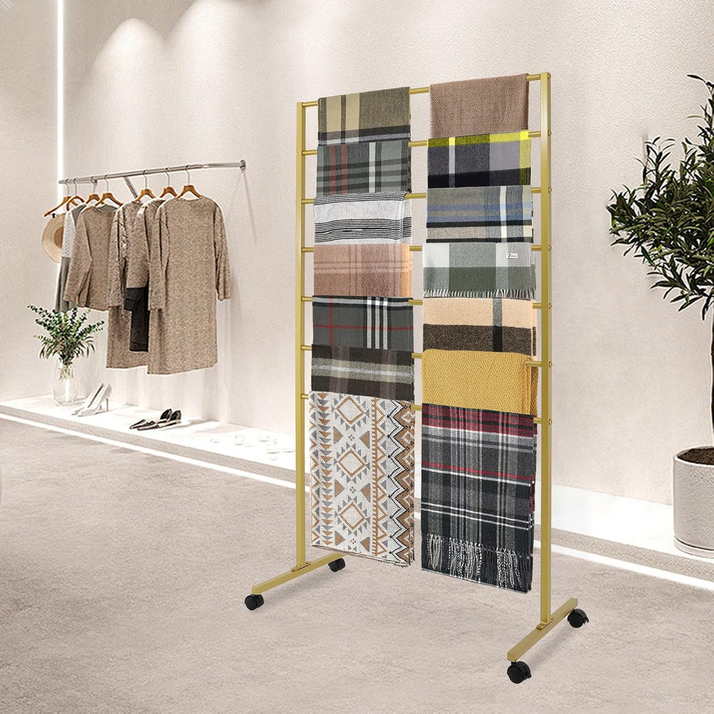 7 Tier Metal Display Rack with Wheels, Floor Standing Scarf Display Stand, Hi...