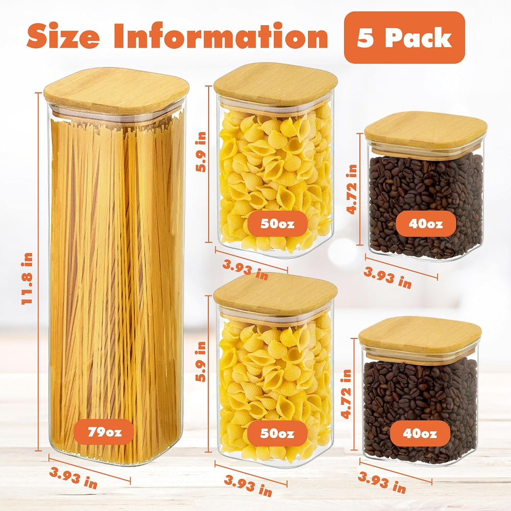 Glass Storage Containers with Airtight Bamboo Lids Muti Size Set of 5,Pantry ...