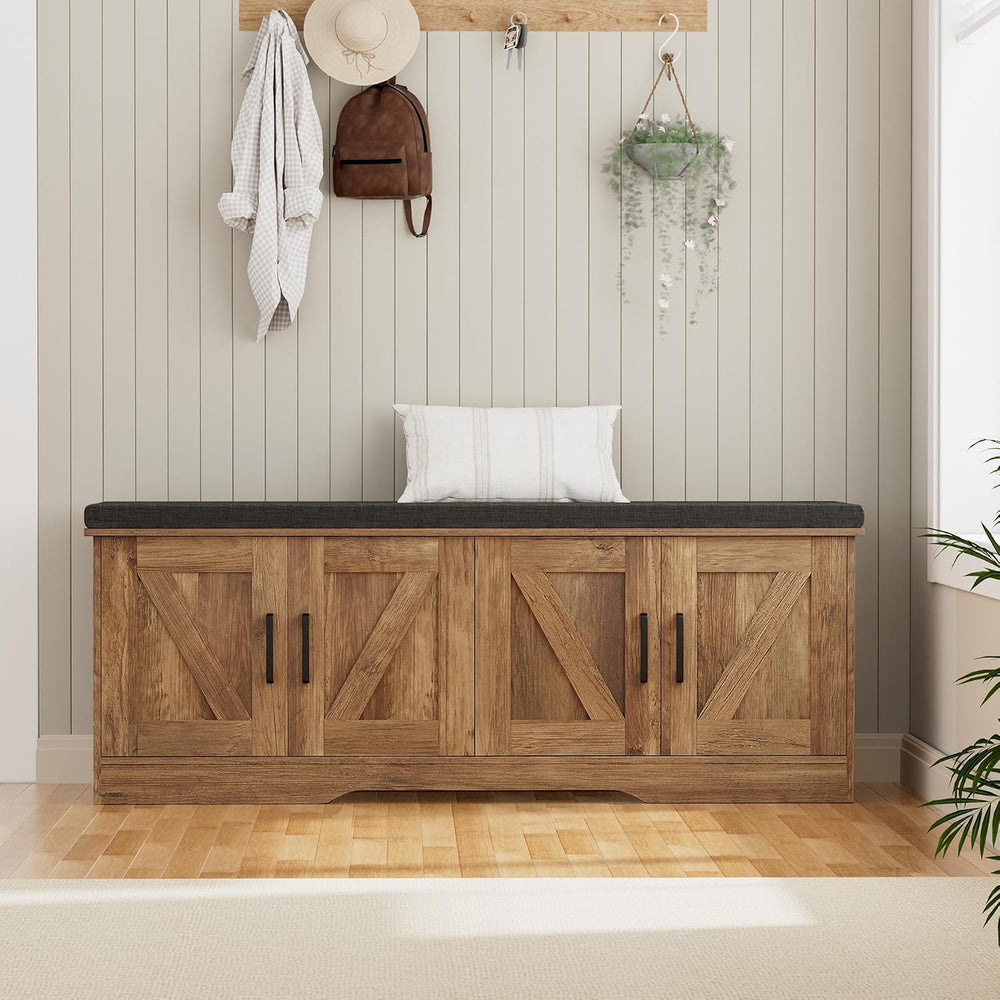 HOMSHO Farmhouse Shoe Storage Bench with 4 Barn Doors & Padded Seat Cushion