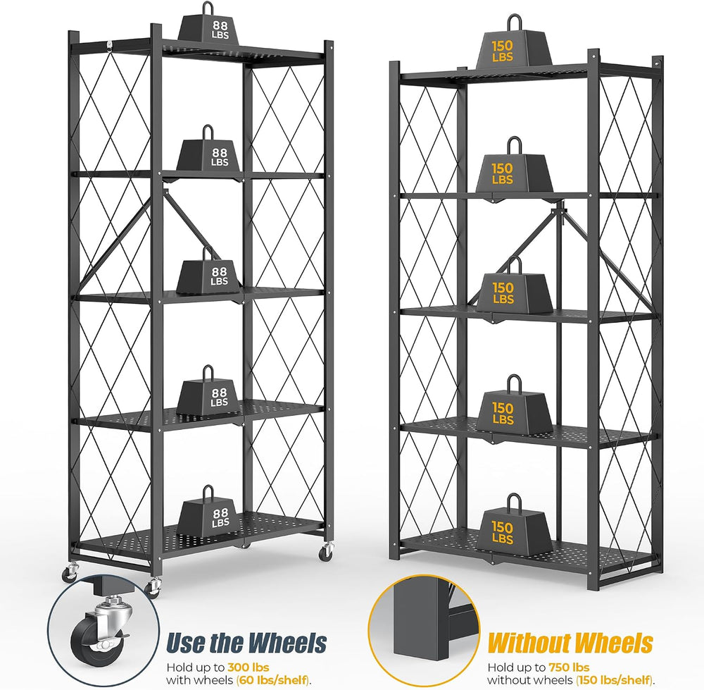 Fenbeli 5 Tier Storage Shelf with Wheels - Metal Collapsible Shelving Unit Di...