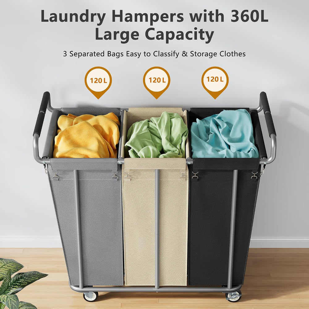 Gewudraw 3 Section Rolling Laundry Sorter Cart with Wheels, 360L