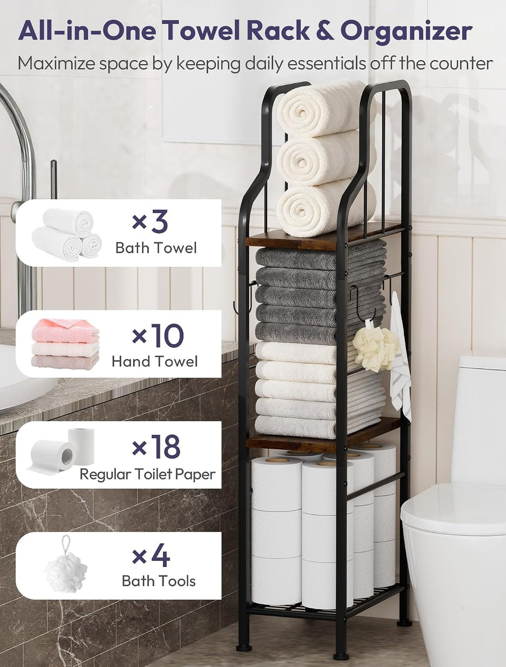 SWTYMIKI Narrow Towel Storage for Bathroom - 3-Tier Towel Rack Organizer with...