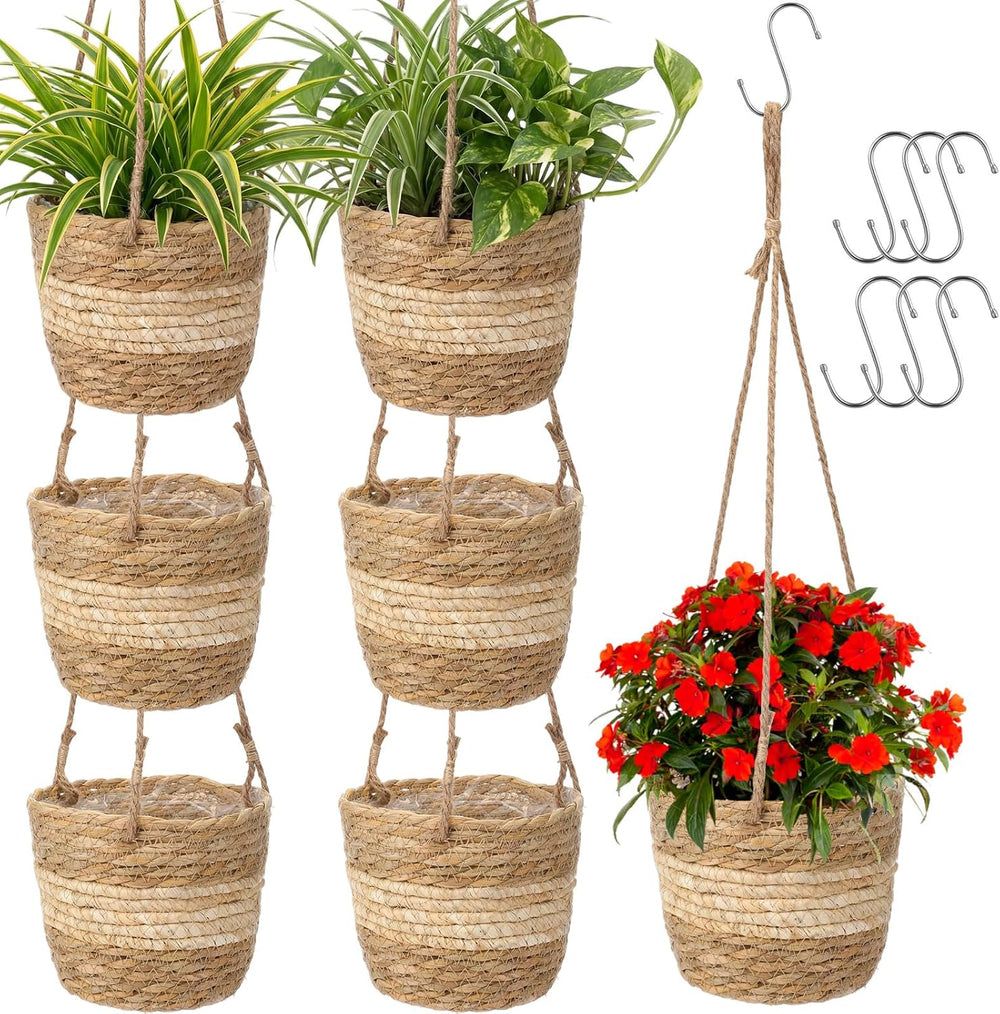 6 Pcs Seagrass Hanging Planter Basket, Small, Beige