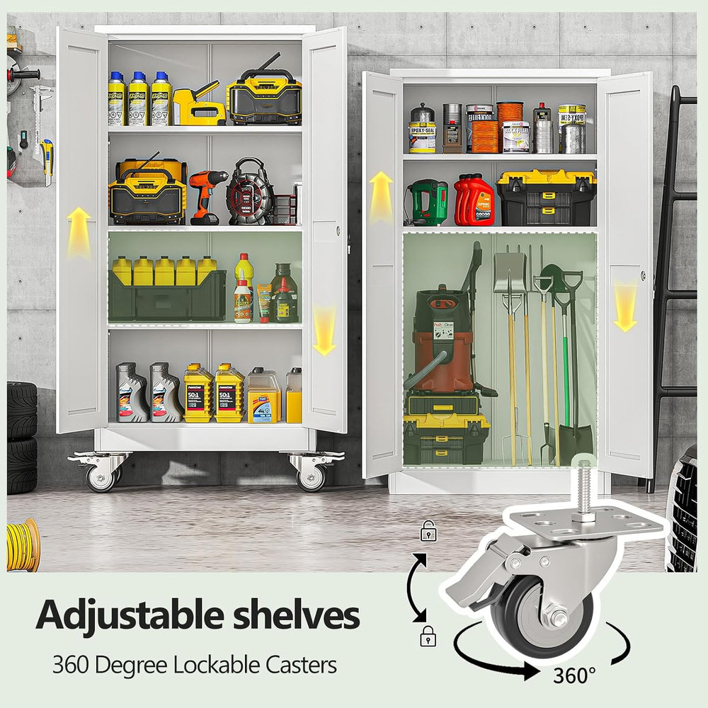 Metal Garage Storage Cabinet, 61”Tall Rolling Utility Cabinet White