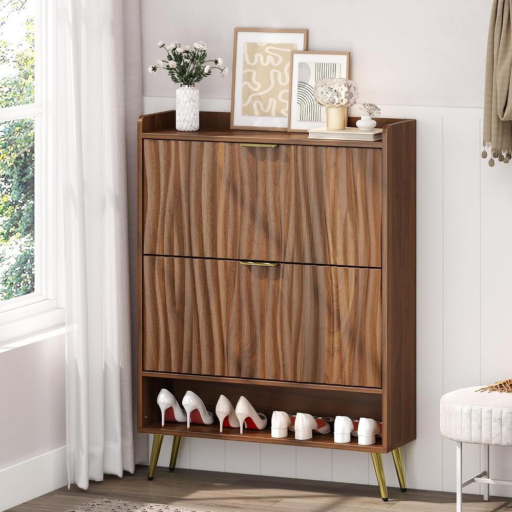 Shoe Storage Cabinet with with 2 Flip Drawers, Entryway Shoe Rack Organizer w...