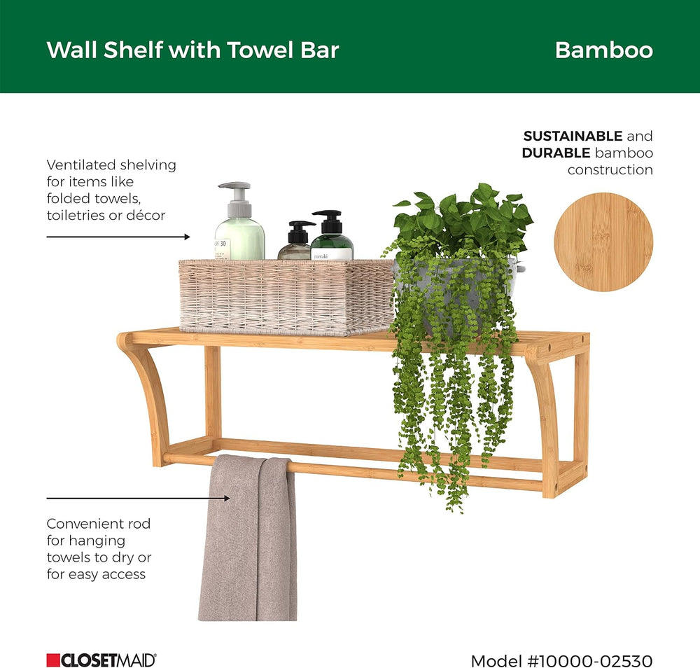 ClosetMaid Bamboo Wall Shelf with Towel Bar, Wall Mount Storage Shelves, Orga...