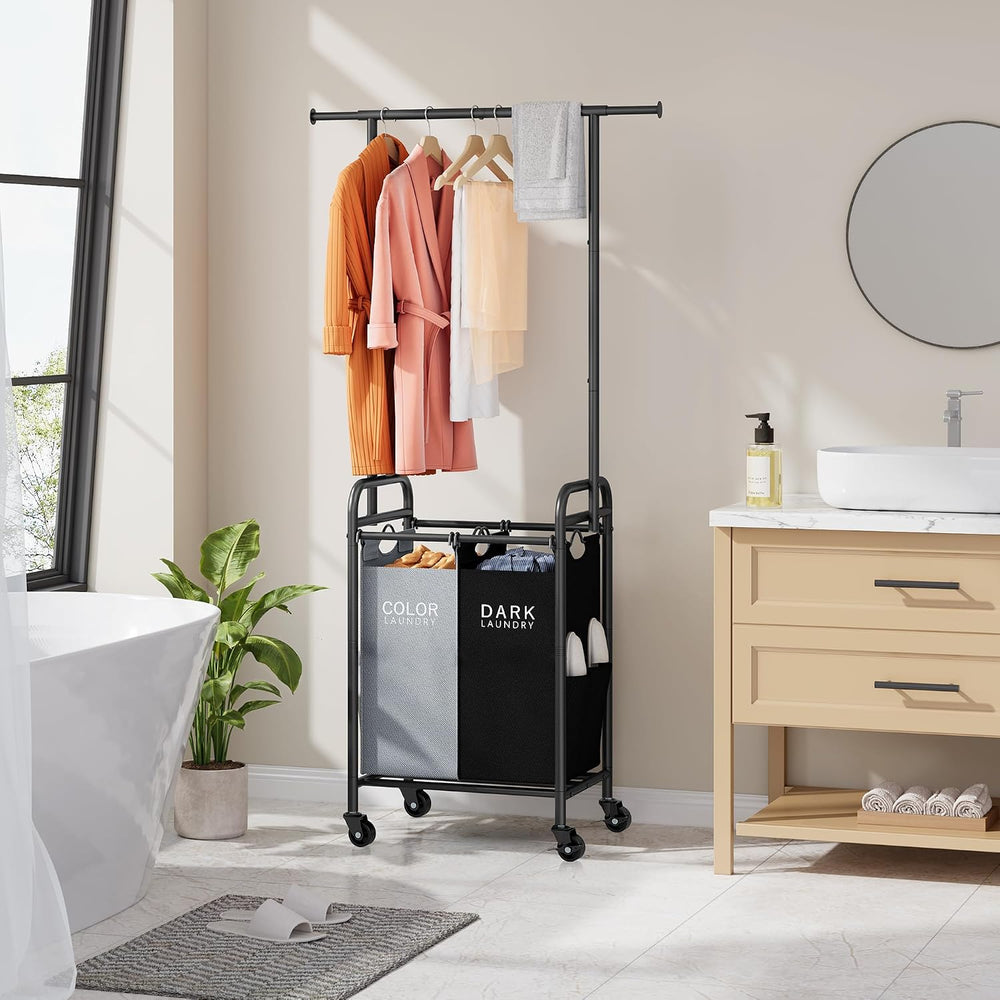 Tajsoon Laundry Sorter with Hanging Bar, 2 Bag laundry cart, Black & Gray