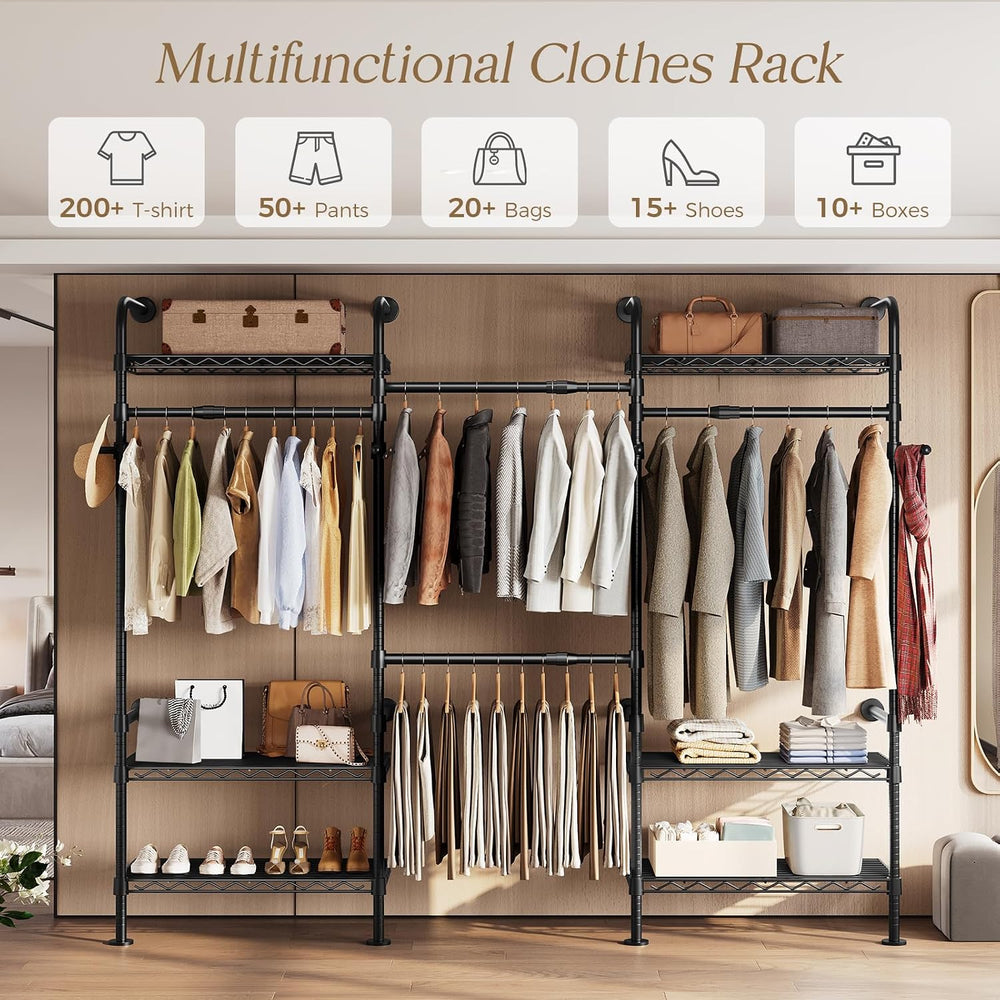 Wall Mounted Closet System, Heavy Duty 3-Row Clothes Rack, Expandable Industr...