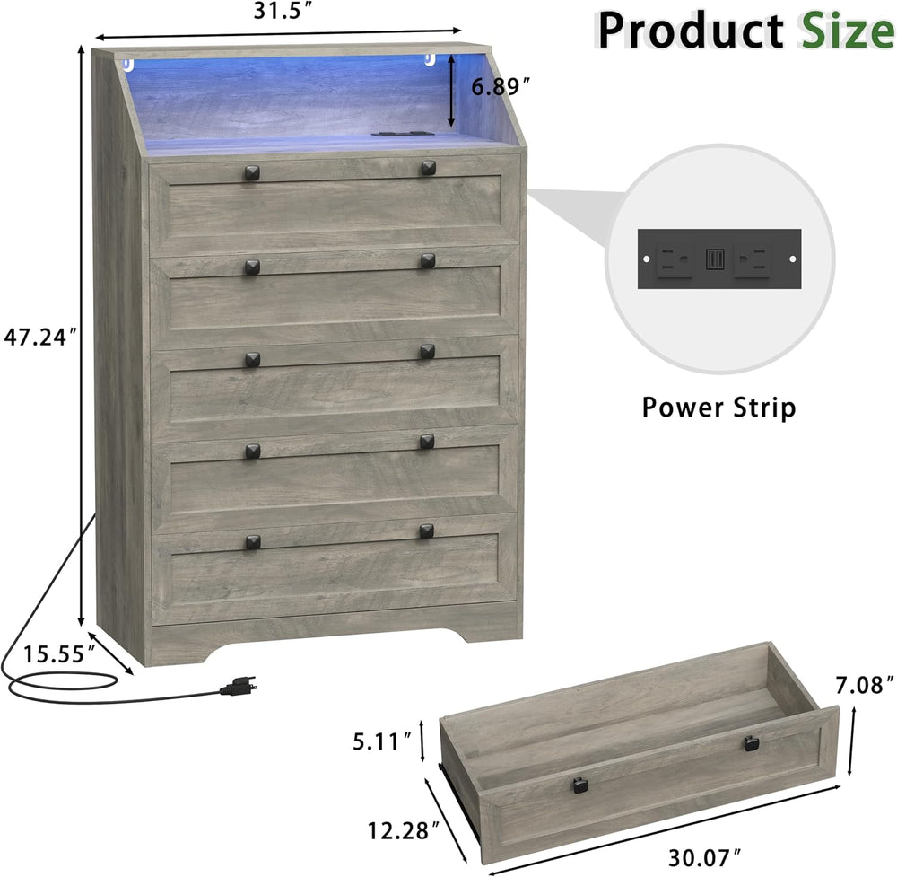 Wodeer Grey Dresser Tall 5 Drawer Dresser for Bedroom, Wood Chest of Drawers ...