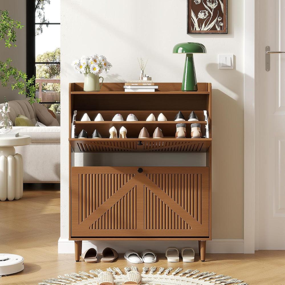 Narrow Shoe Storage Cabinet with 2 Flip Drawers for Entryway (Walnut)