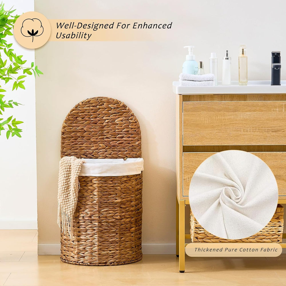 Water Hyacinth Laundry Hamper with lid, Half Moon Shape with 2 Removable Clot...