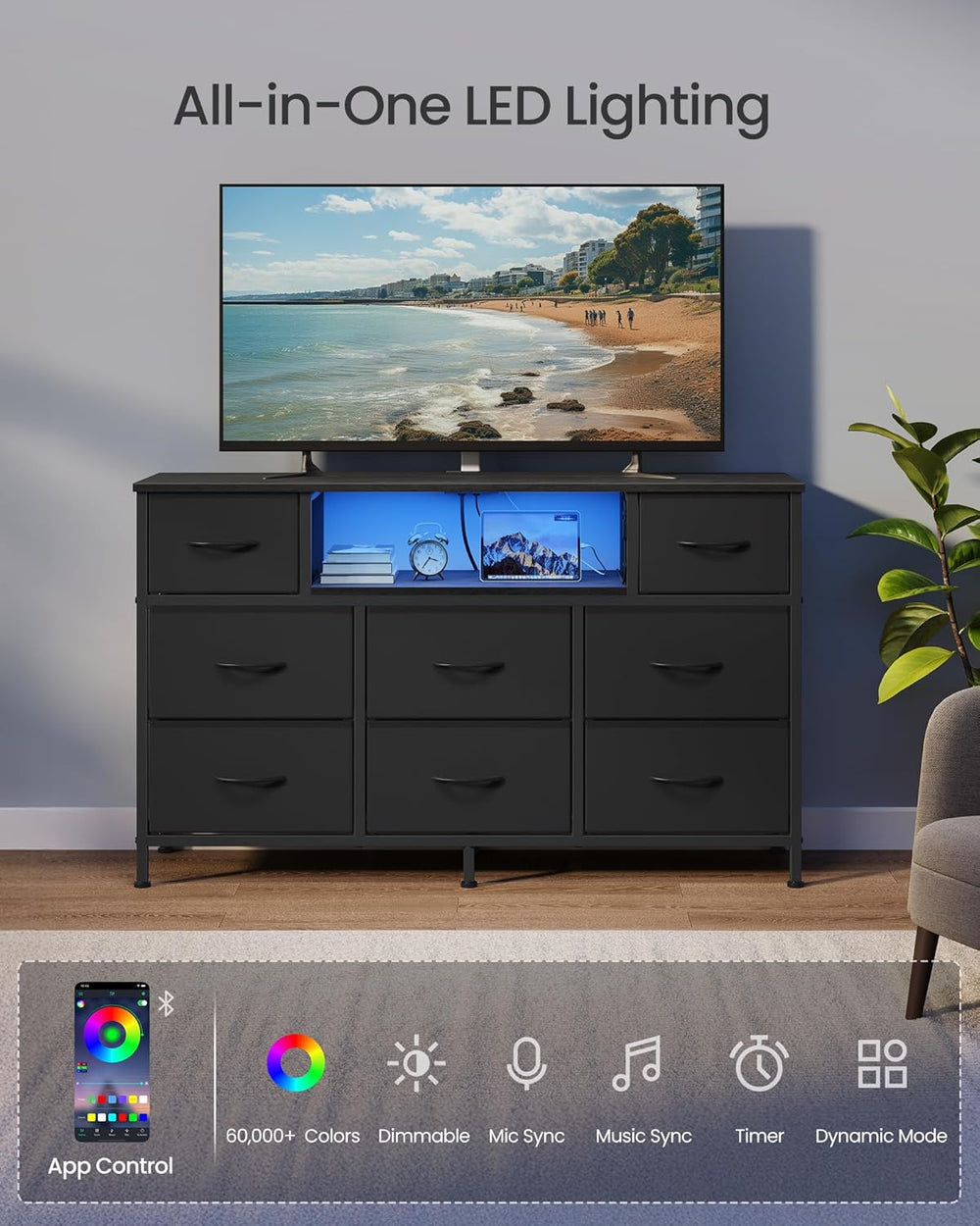 SONGMICS Dresser for Bedroom with Outlets & LED Lights, 8 Fabric Drawers