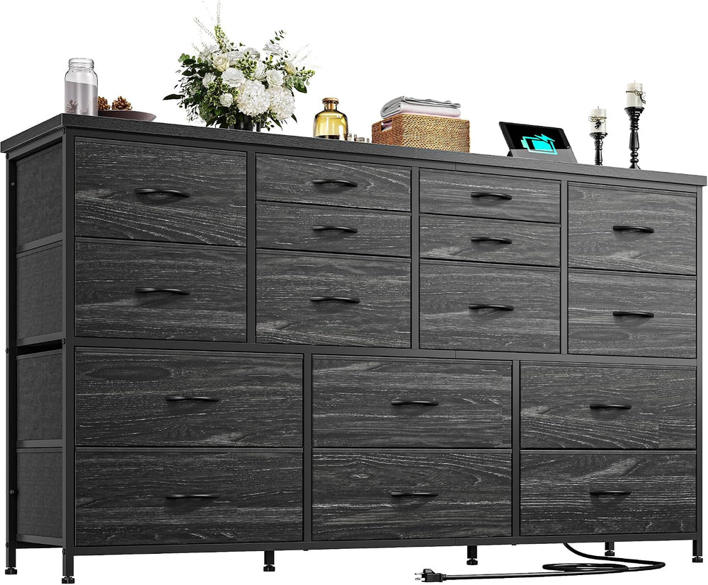Romorgniz Long Dresser with 16 Fabric Drawers, TV Stand & Charging Station