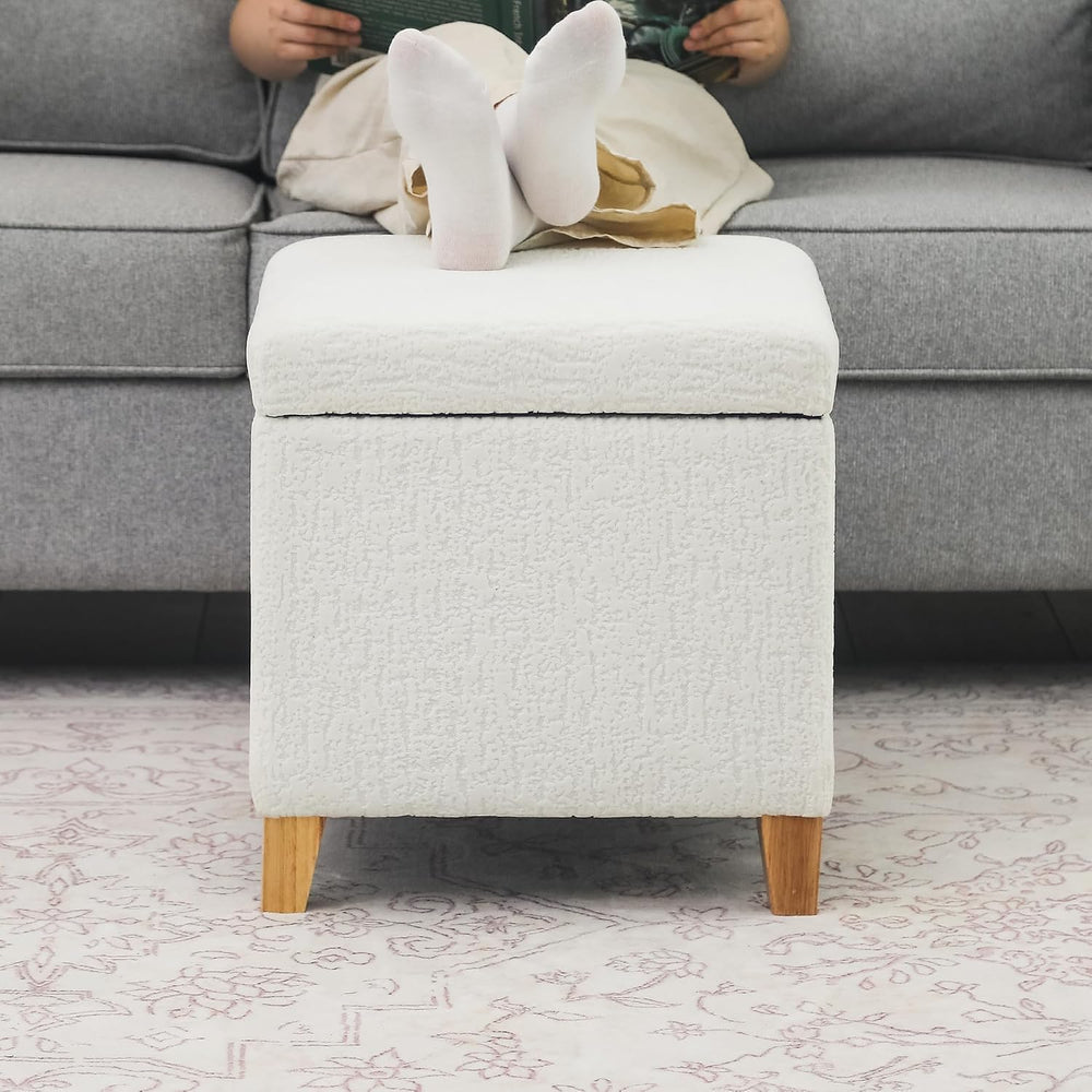 Adeco 18 Inch High Faux Fur White Cube Ottoman Storage, 3D Embossed Velvet Ch...