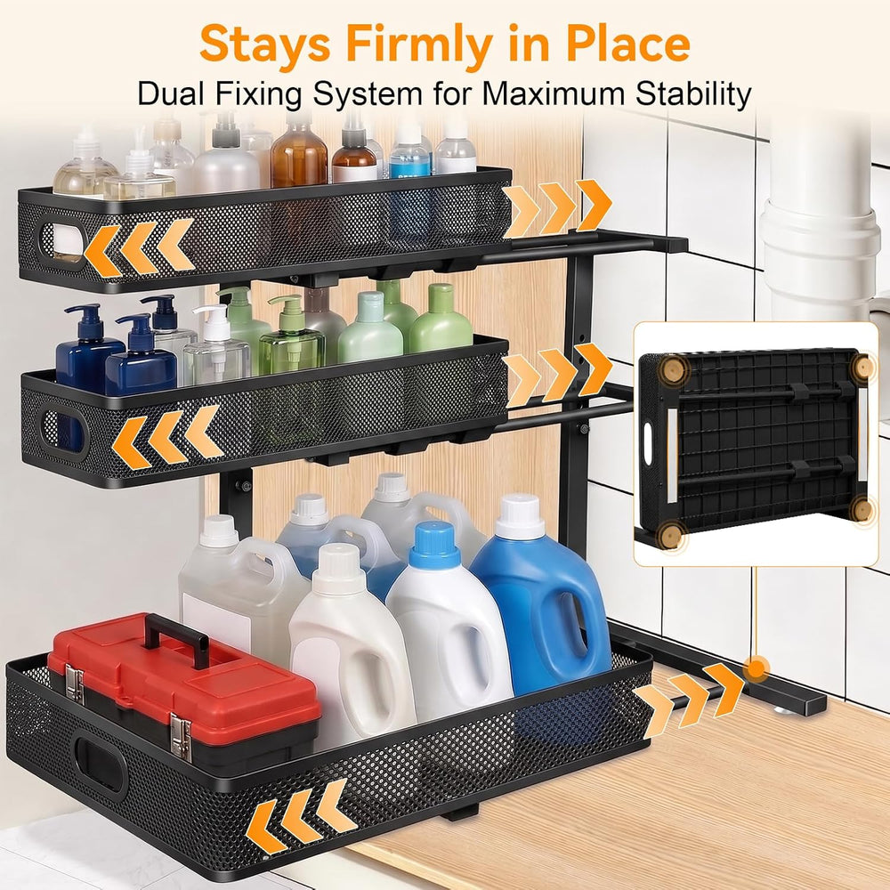 3 Tier Adjustable Under Sink Organizer for Bathroom & Kitchen(2Pack, Black)