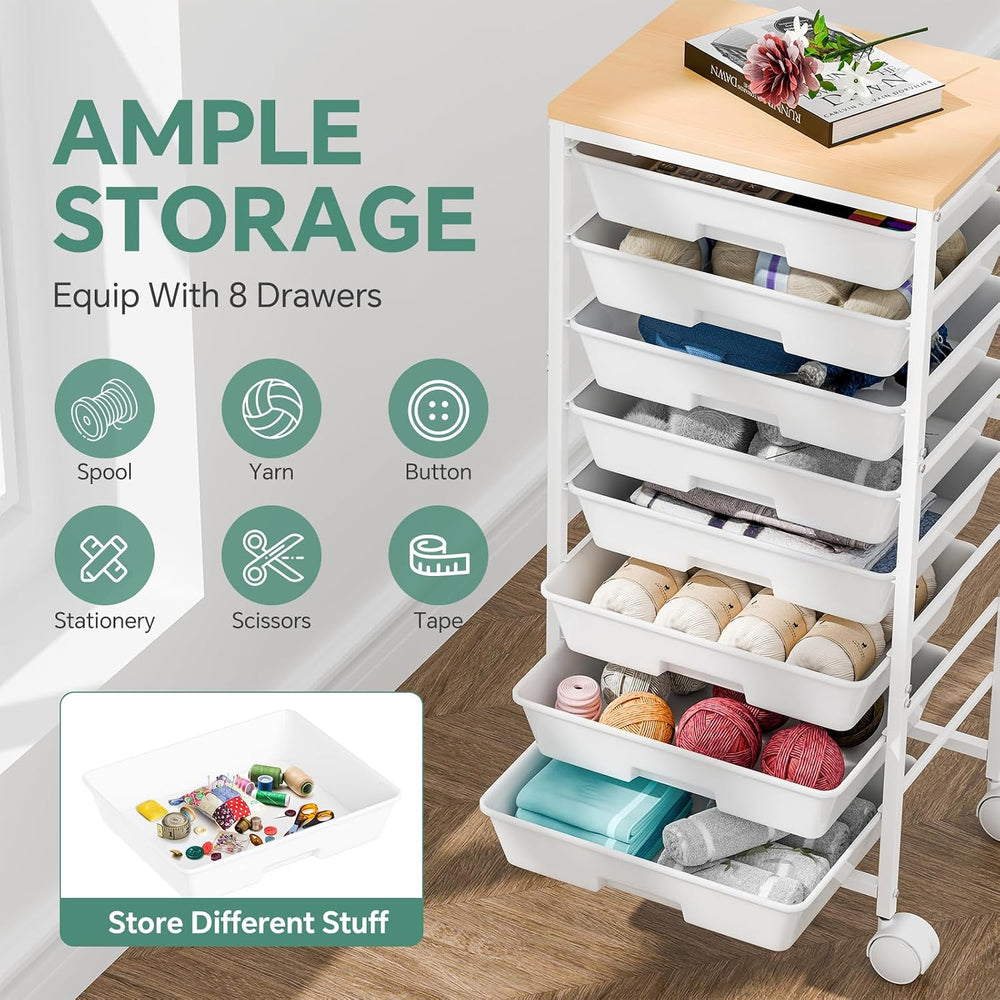 Ekisemio Rolling Cart with 8 Drawers, Storage Drawers Cart with Wooden Tablet...