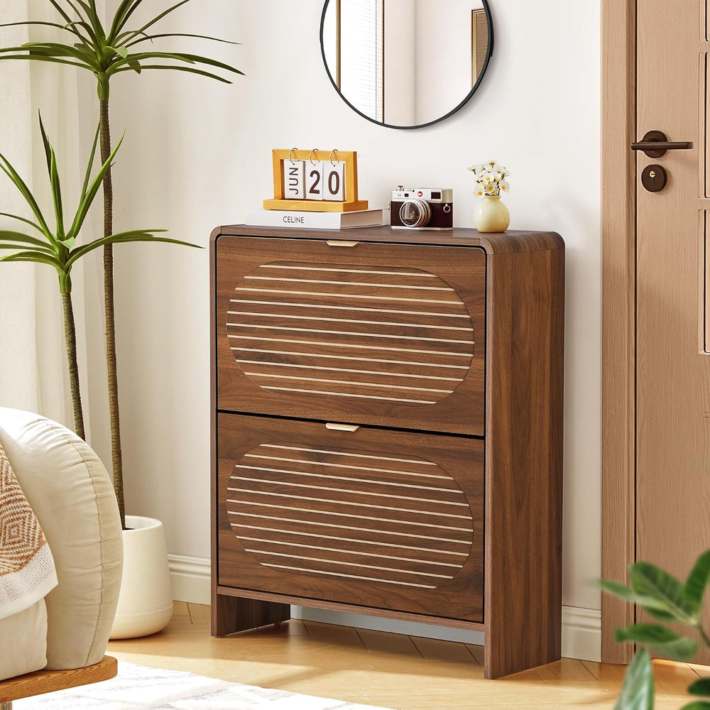 Curved Narrow Shoe Storage Cabinet for Entryway with 2 Flip Drawers, Wood Sho...