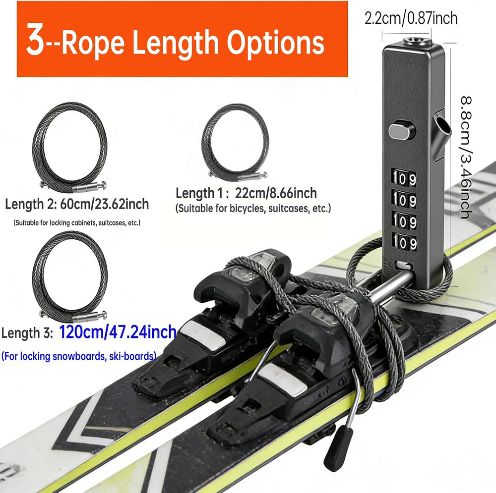 3Pack Wire Padlock Snowboard Lock, Combination Cable Lock, 4-Digit Ski Lock w...