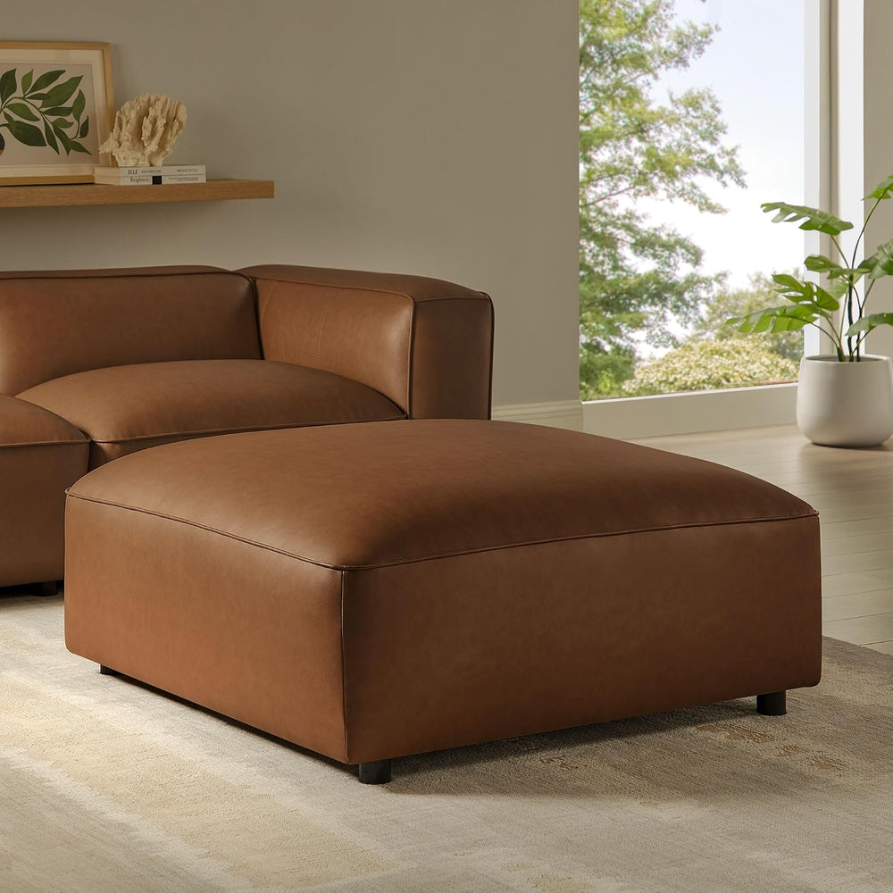 Modway Auren Vegan Leather Ottoman in Coffee - Large Square Faux Leather Foot...