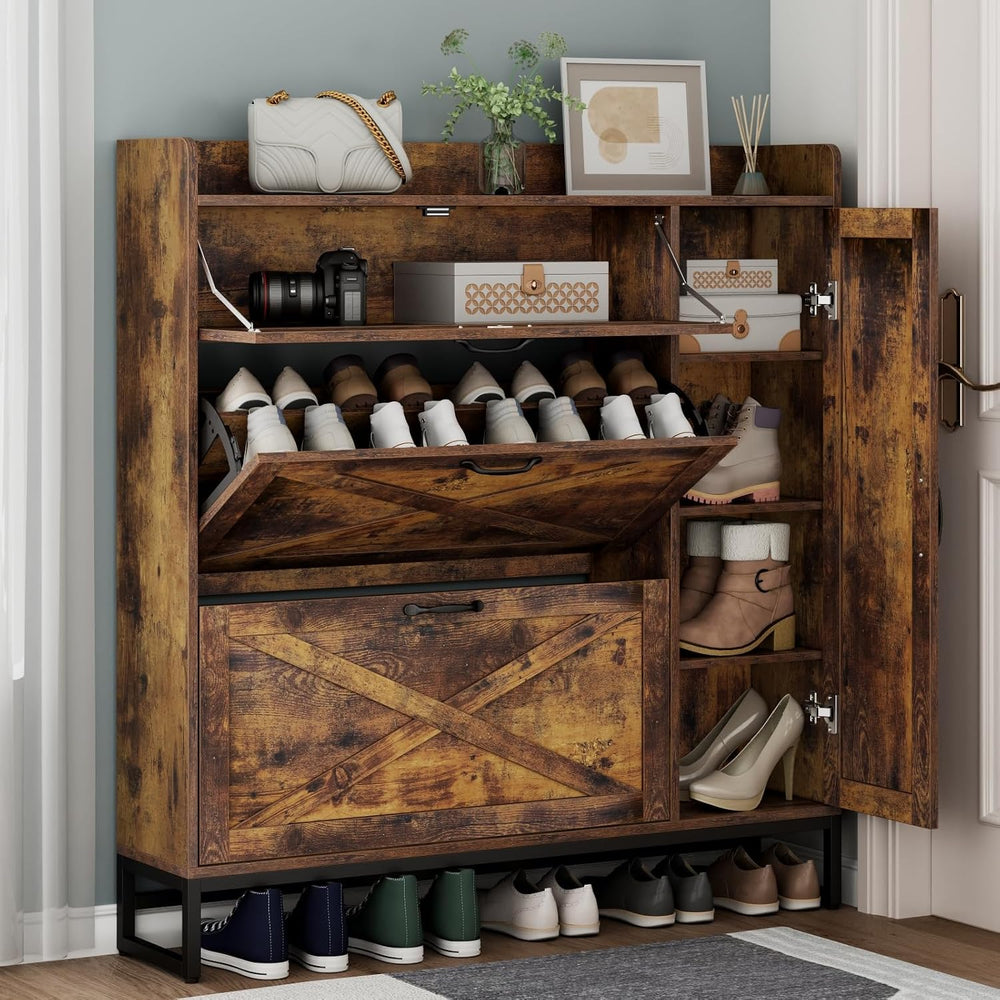 Loomie Farmhouse Flip Drawer Shoe Cabinet, Shoe Organizer with Side Cabinet