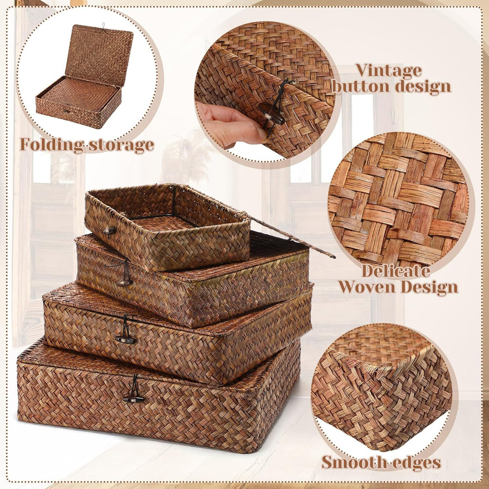 Didaey Set of 4 Seagrass Basket with Lid Wicker Storage Basket Decorative Sto...