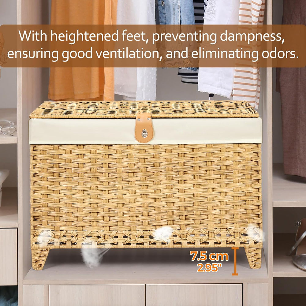 Wicker Storage Basket with Lid, 200L Storage Bin with Removable Liner Bag