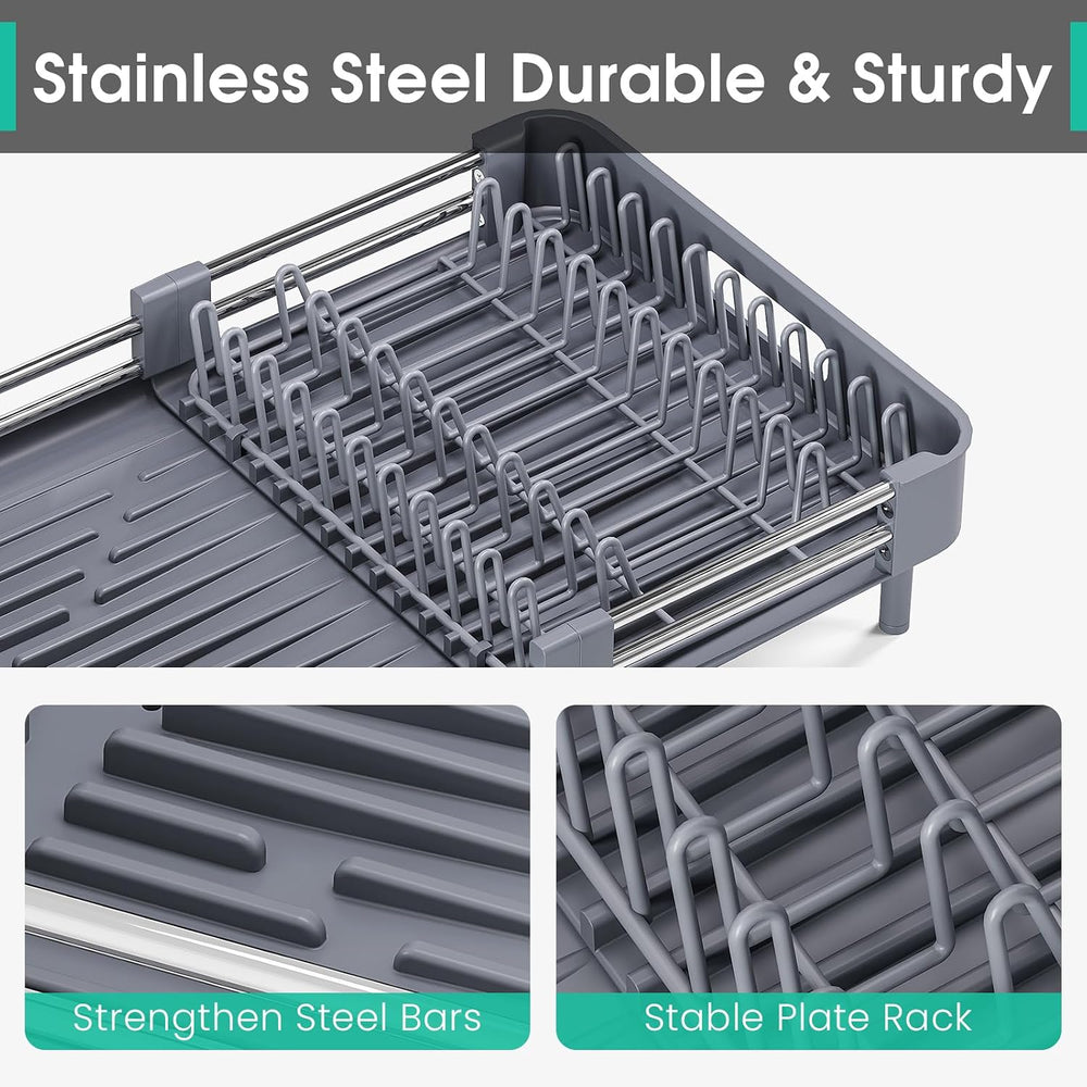 TOOLF Expandable Dish Drying Rack for Kitchen Counter, Standard, Grey