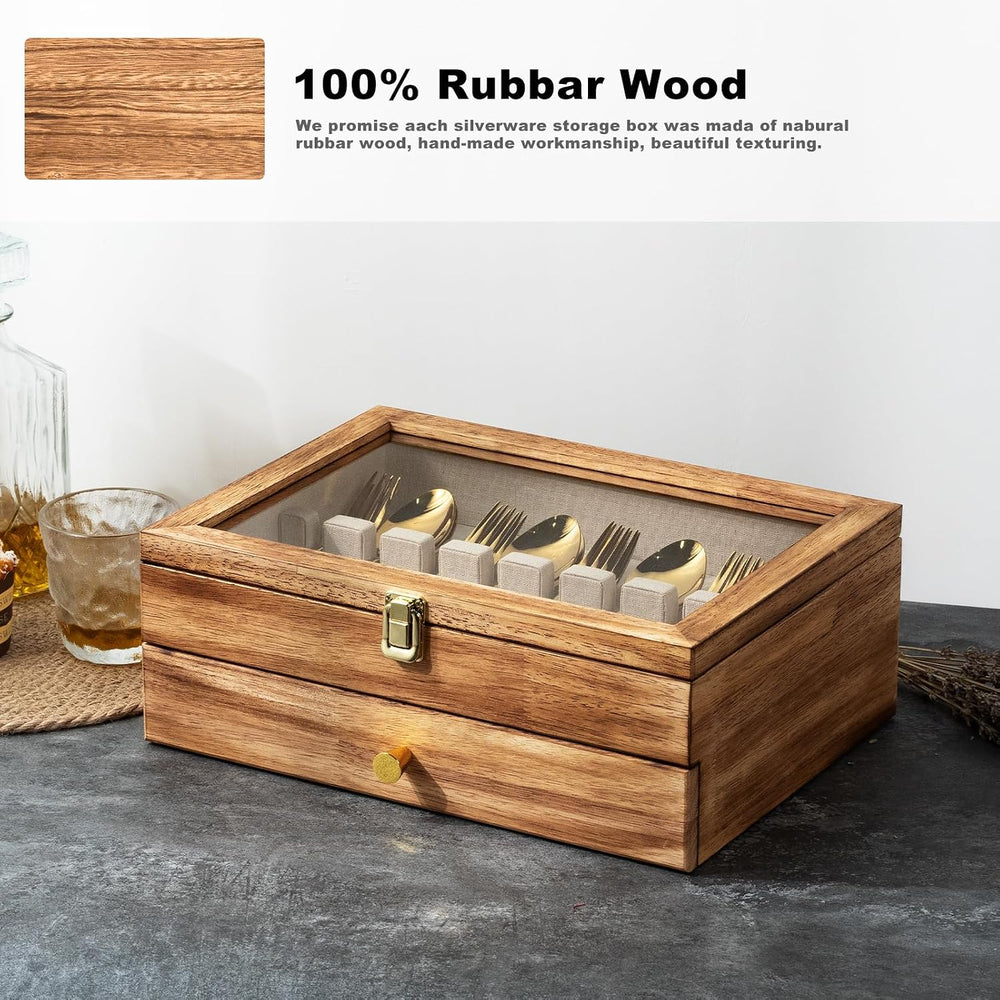 Silverware Box, 2-Layer Wooden Silverware Storage Box with Glass Lid, 14.5×10...