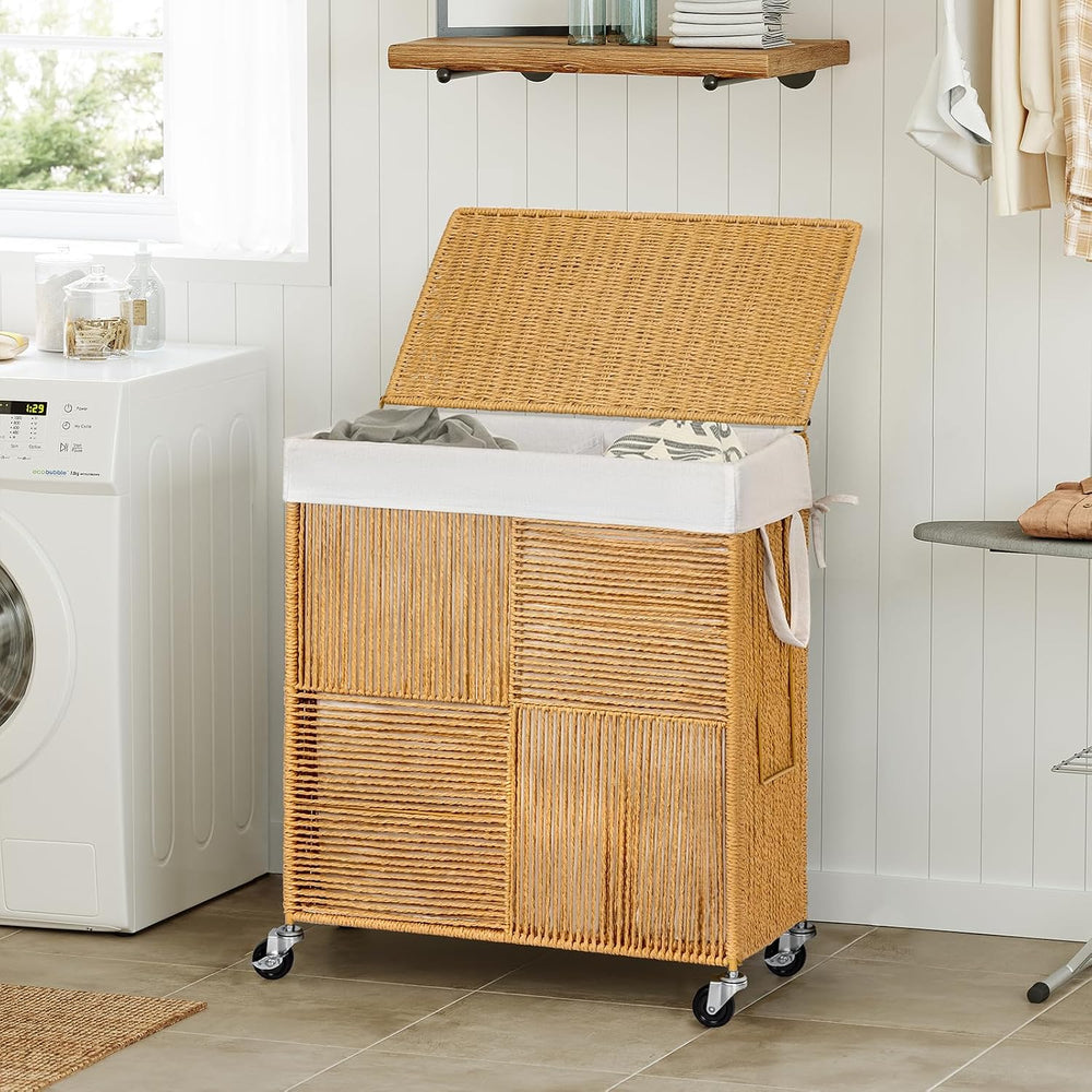 WOWLIVE Double Laundry Hamper with Wheels, Handwoven Rolling Laundry Basket