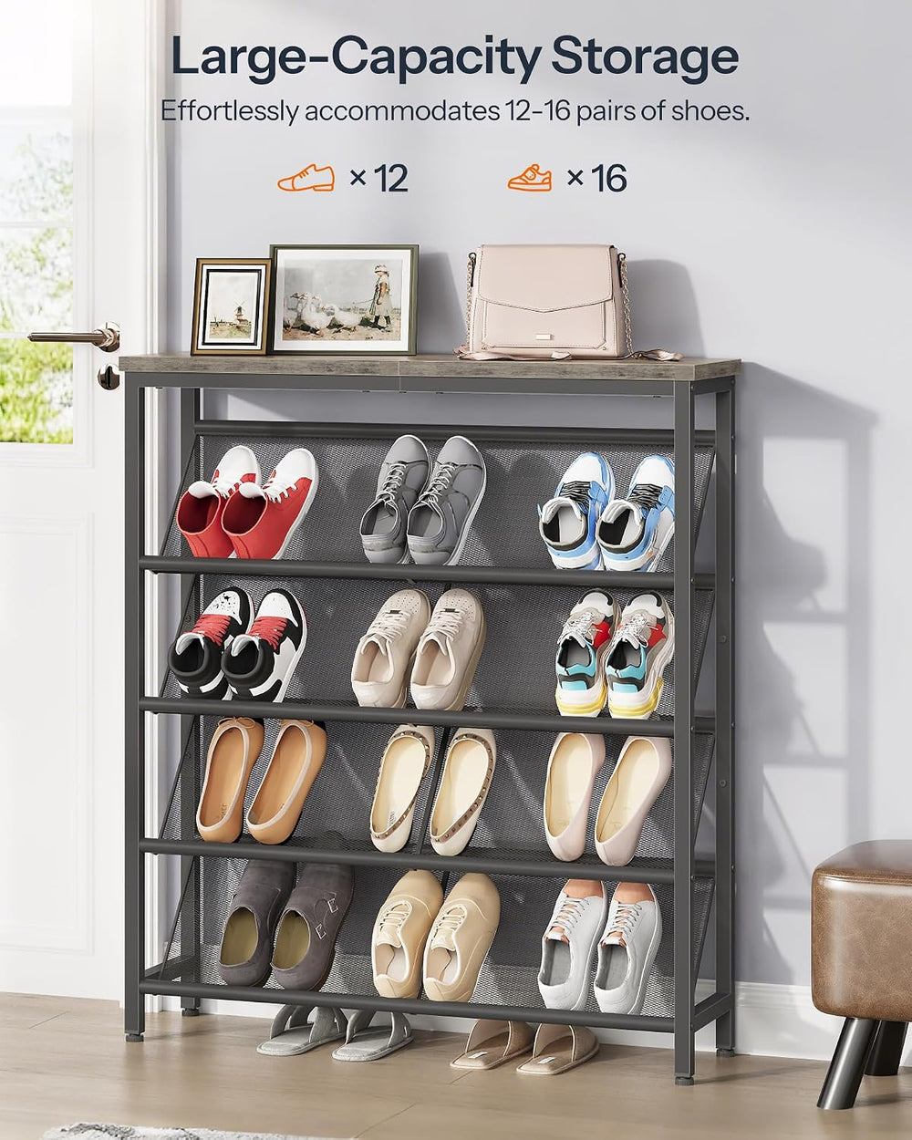 CHOEZON Shoe Rack, 5-Tier Slanted Shoe Storage Shelf, Narrow Shoe Rack for En...