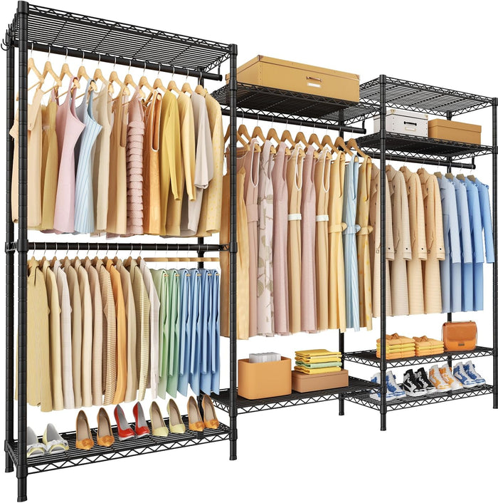 Ulif E13 Pro Heavy Duty Clothes Rack(With 4 Hanger Rods & 8 Shelves) Freestanding Clothing Racks for Hanging Clothes,Adjustable Closet,Metal Garment Rack 75" W x16 D x77 H,Max Load 1000LBS,Black