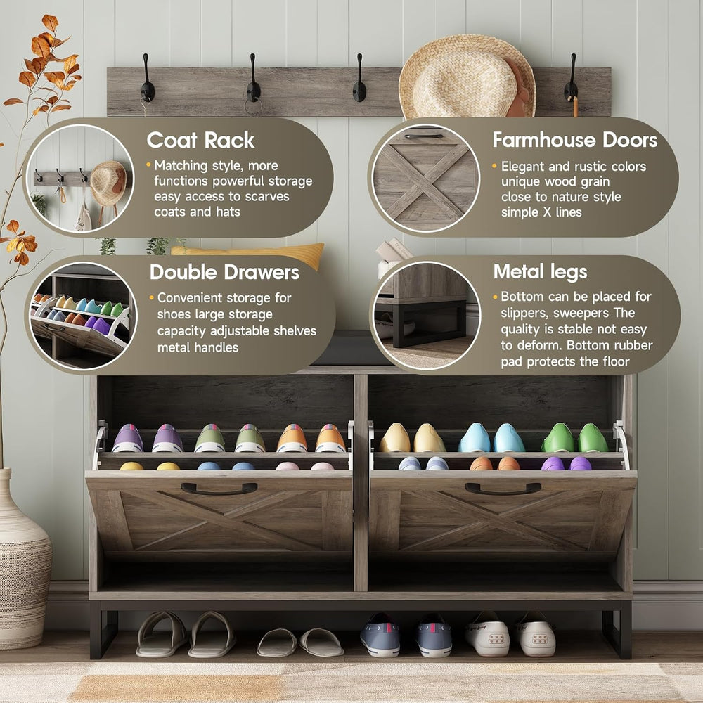 Maupvit Shoe Cabinet with 2 Flip Drawers & Coat Rack, Shoe Storage Bench ...