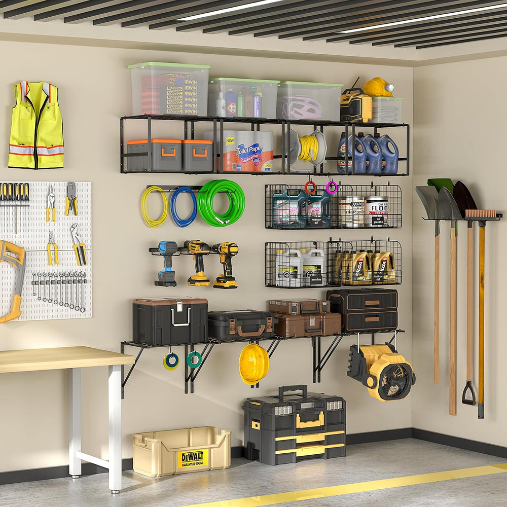ThreeHio Garage Shelf Wall Mounted with Wire Baskets, Heavy Duty Garage Wall ...